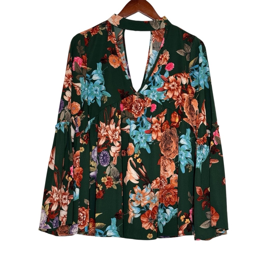 Altar’d State Green Floral Blouse Flare Bell Sleeve Choker Collar Top SZ Medium